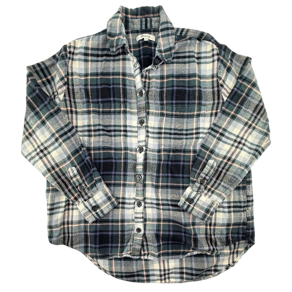 Madewell Women's Plaid Flannel‎ Shirt Size Small Green Blue Button Front Cotton